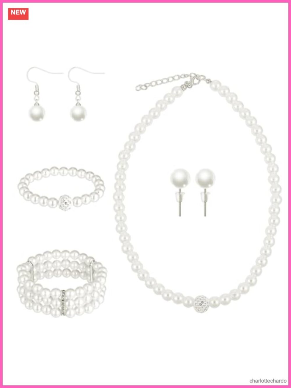Faux Pearl Rhinestone Jewelry Set Necklace Earrings Bracelet